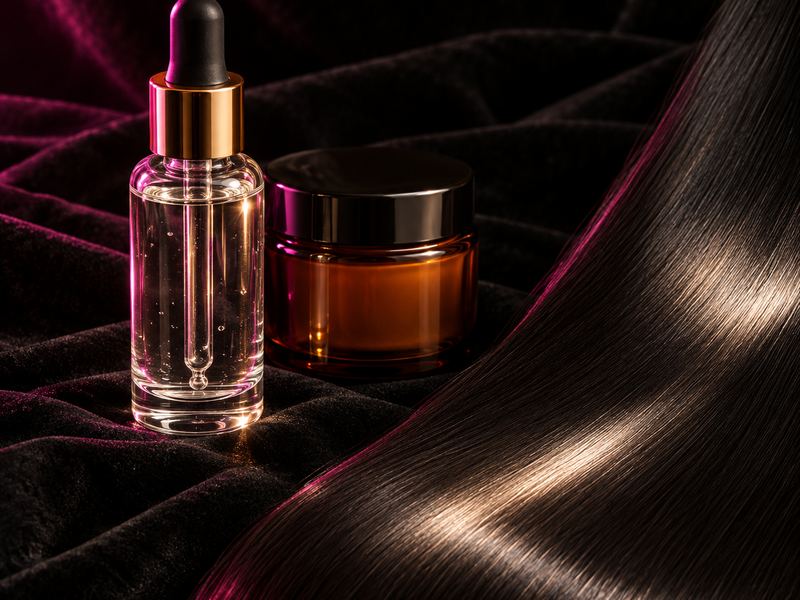 Serum bottle beside a sheet of glossy straight black hair